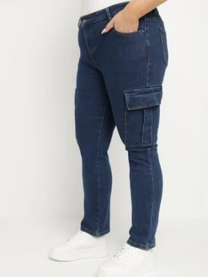 Granatowe Jeansy Cargo Regular Waist o Prostym Kroju Belvila