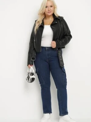 Granatowe Jeansy Cargo Regular Waist o Prostym Kroju Belvila b.s.jeans