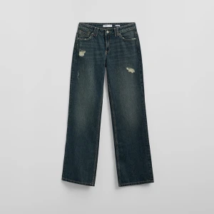 Granatowe jeansy dzwony bootcut z dziurami i dżetami na tyle House