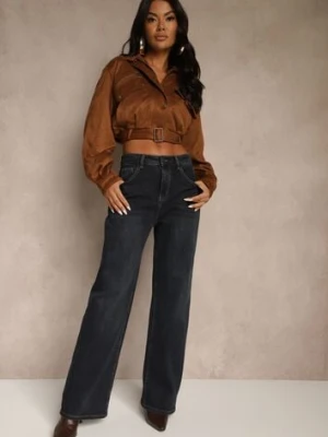 Granatowe Jeansy High Waist Wide Leg z Domieszką Wiskozy Zenisia