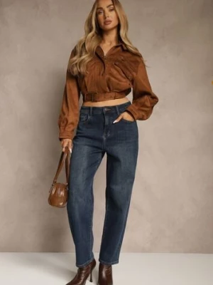 Granatowe Jeansy Mom Fit High Waist z Wiskozą Erralia