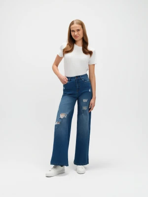 Granatowe jeansy wide leg z przetarciami TOP SECRET Niebieski