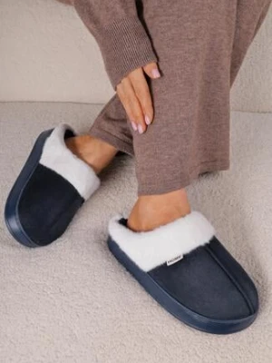 Granatowe Kapcie Wsuwane Vices Zdobione Futerkiem Eleavella