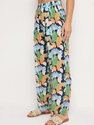 Granatowe Kwiatowe Wiskozowe Spodnie o Szerokim Kroju z Wysokim Stanem i Gumką w Pasie Cenonea R&f Fashion
