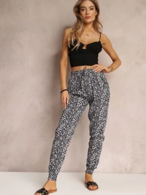 Granatowe Kwieciste Spodnie z Gumką w Talii i Wsuwanym Kieszeniami Aneva r&f fashion