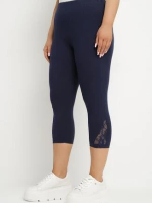 Granatowe Legginsy z Bawełny 3/4 z Koronką Mavirene