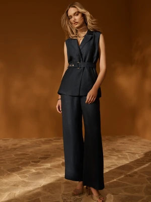 Granatowe luźne spodnie z lnu i wiskozy TARANKO