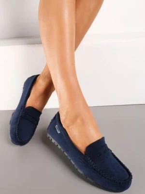Granatowe Mokasyny z Imitacji Zamszu na Płaskiej Podeszwie Sallevia