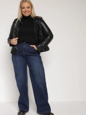 Granatowe Ocieplane Jeansy o Szerokim Kroju z Bawełną i Wysokim Stanem Mevidia