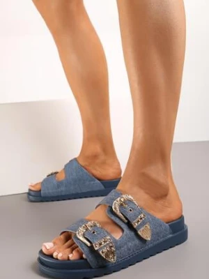 Granatowe Płaskie Klapki z Regulowanymi Ozdobnymi Sprzączkami Lamicia