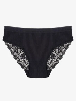 Granatowe Prążkowane Majtki Figi z Bawełny Zdobione Koronką Erwelia han