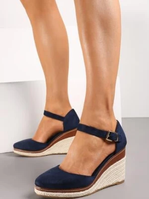 Granatowe Sandały na Koturnie z Plecionki i Zapięciem na Sprzączkę Jessaln lady glory