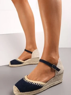 Granatowe Sandały na Koturnie z Plecionki z Juty Arminus