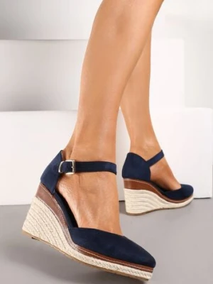 Granatowe Sandały na Plecionym Koturnie ze Sprzączką Catlinna lady glory