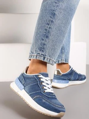 Granatowe Sneakersy Jeansowe ze Złotymi Wykończeniami i Przeszyciami Aledisa