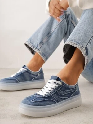 Granatowe Sneakersy na Platformie z Denimu Nanore bestelle