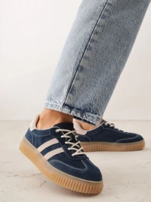 Granatowe Sneakersy Typu Tenisówki z Zamszu Naturalnego Ozdobione Paskami Tarinella goodin