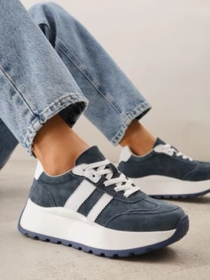 Granatowe Sneakersy ze Skóry Naturalnej na Platformie Cezella goodin