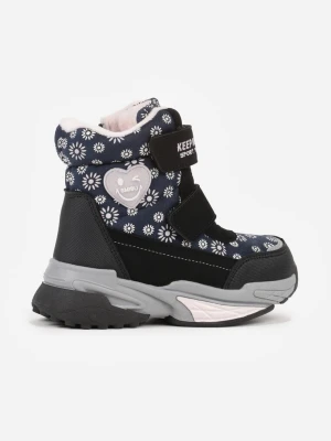 Granatowe Śniegowce w Kwiatki z Sercem i Napisem Alwedina Ht Kids Shoes