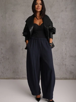 Granatowe Spodnie Casual Balloon High Waist w Drobne Prążki w Eleganckim Stylu Leasa Yu & Me