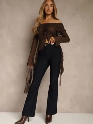 Granatowe Spodnie Dzwony High Waist w Eleganckim Stylu ze Sprzączką Tevanda