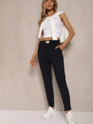 Granatowe Spodnie High Waist z Elastycznego Materiału Wykończone Gumką Rigadona
