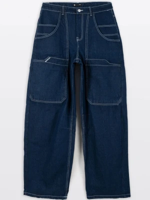 Granatowe spodnie jeansowe o kroju BAGGY z kontrastowymi przeszyciami Reporter