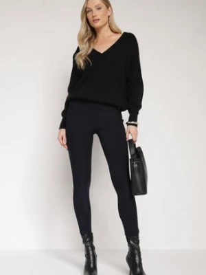 Granatowe Spodnie o Dopasowanym Kroju z Gumką w Talii i Wysokim Stanem Selbia yu & me