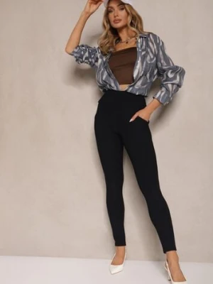 Granatowe Spodnie Skinny High Waist z Gumką w Talii Ivelbia