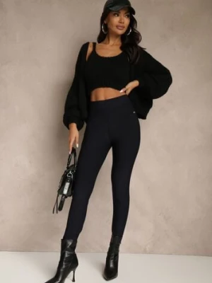 Granatowe Spodnie Skinny High Waist z Gumką w Talii Ivelbia yu & me