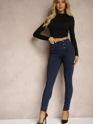 Granatowe Spodnie Skinny High Waist z Gumką w Talii Nitami i Ozdobnymi Guzikami Ciandora