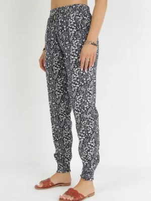 Granatowe Spodnie w Kwiaty z Gumką w Pasie Lorraina r&f fashion