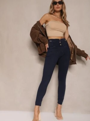 Granatowe Spodnie z Bawełną Typu Skinny High Waist Ozdobione Cyrkoniami Sovzeki