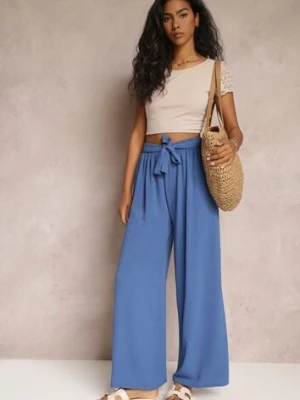 Granatowe Spodnie z Szerokimi Nogawkami i Doszytym Paskiem w Talii Atita j&x