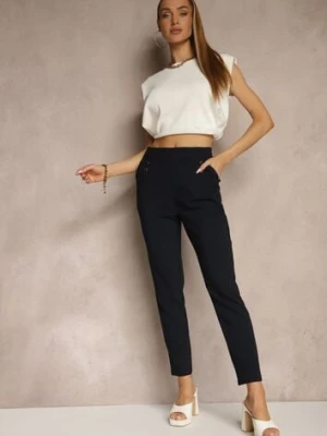 Granatowe Spodnie z Wiskozą High Waist z Ozdobnymi Guzikami Redillia