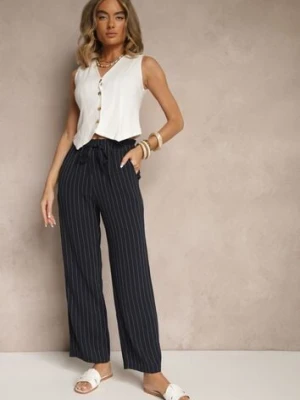 Granatowe Spodnie z Wiskozy High Waist Ozdobione Paskami Linariena
