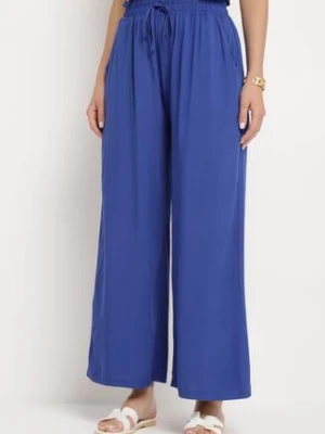 Granatowe Szerokie Bawełniane Spodnie Palazzo z Wysokim Stanem i Elastyczną Gumką w Pasie Nelonia airisa