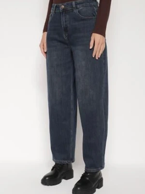 Granatowe Szerokie Jeansy Barrel Fit z Wysokim Stanem Delennia