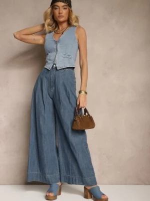 Granatowe Szerokie Jeansy z Bawełny High Waist Cohna
