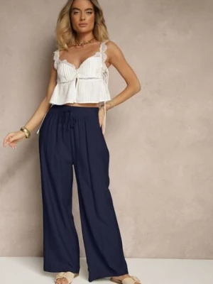Granatowe Szerokie Spodnie High Waist z Wiskozy z Gumką w Talii Lannalie