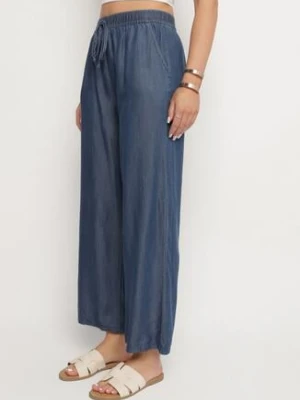 Granatowe Szerokie Spodnie z Bawełny Ozdobione Wiązaniem Evipolli defox