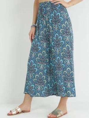 Granatowe Szerokie Spodnie z Wiskozy w Retro Wzór Zeramara cflo