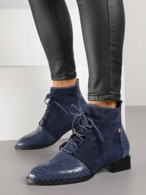 Granatowe Sznurowane Botki Vices do Kostki z Wężowym Tłoczeniem Wodvira