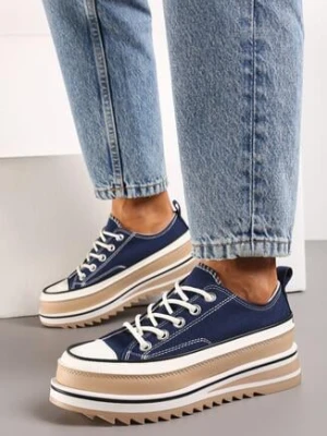 Granatowe Sznurowane Trampki na Grubej Podeszwie Moonnella