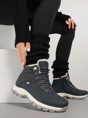 Granatowe Sznurowane Traperki na Płaskiej Podeszwie Wyścielone Futerkiem Magsira