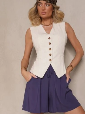 Granatowe Szorty z Bawełny High Waist Ozdobione Wiązaniem Selmio defox