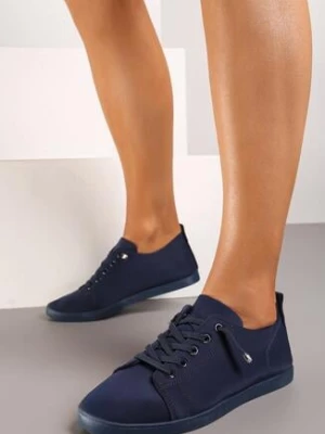 Granatowe Tenisówki na Płaskiej Podeszwie ze Sznurowaniami i Ozdobnymi Cyrkoniami Hloemar