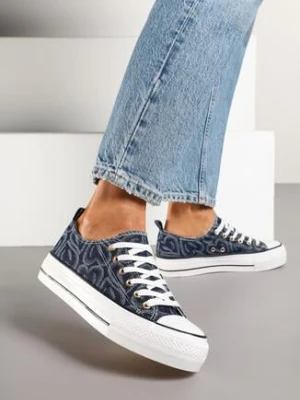 Granatowe Trampki na Grubej Podeszwie Zdobione Printem w Serca Gonarelle