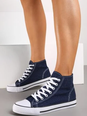 Granatowe Trampki na Płaskiej Podeszwie za Kostkę z Perforacją Xelagia