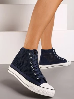 Granatowe Trampki za Kostkę z Perforacją Welagia